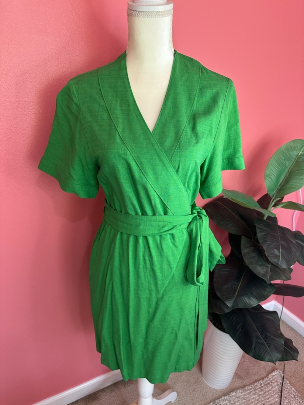 Emily McCarthy Green Belted “Day Robe” True Wrap Linen Dress, Size XS